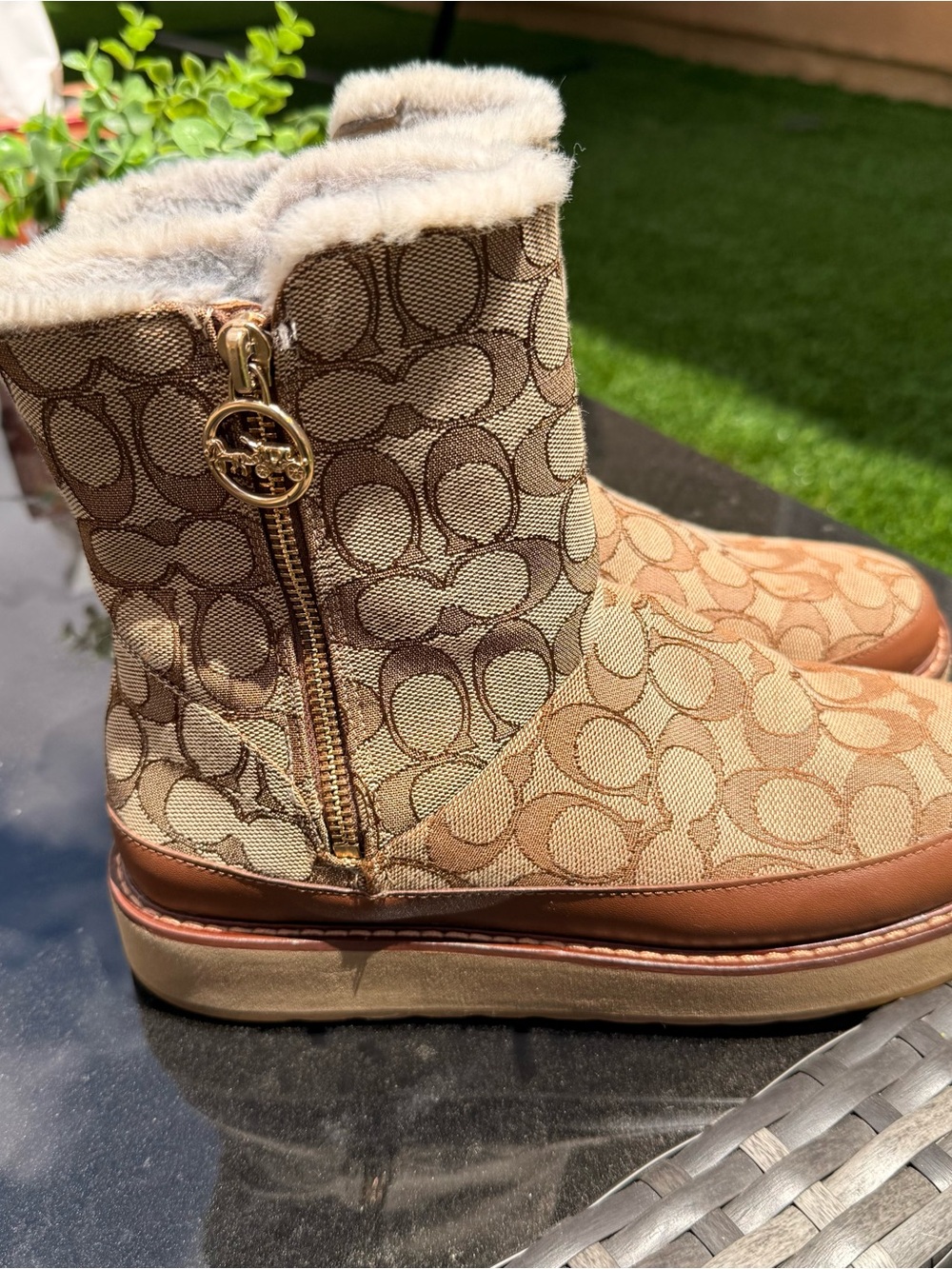 Coach Beige Signature Logo Shearling Mid Boots - Picture 3 of 3